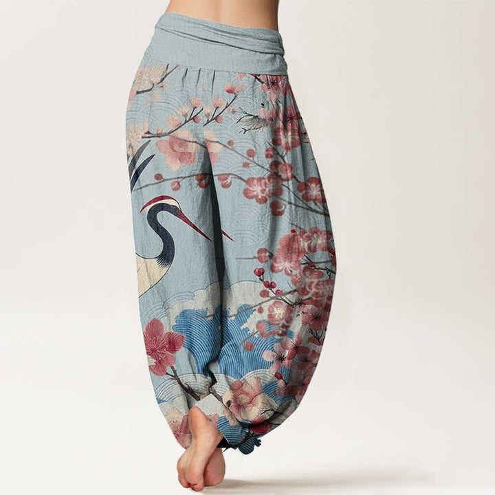 Pantaloni harem da donna con elastico in vita, modello casual con motivo a gru e fiori di ciliegio Buddha Stones - image 7