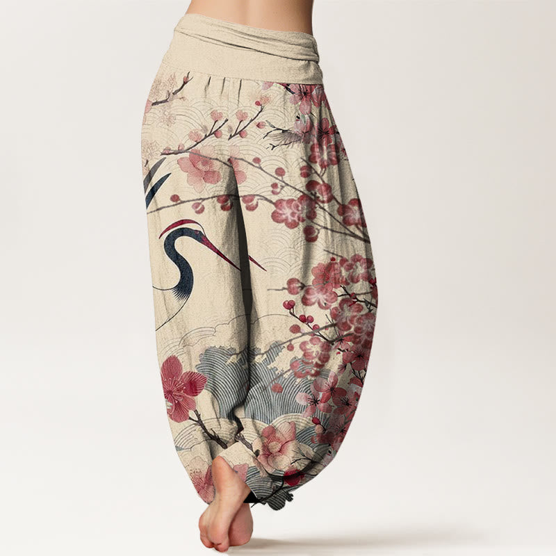 Pantaloni harem da donna con elastico in vita, in cotone, casual, con motivo a gru e fiori di ciliegio, motivo Buddha Stones - image 9