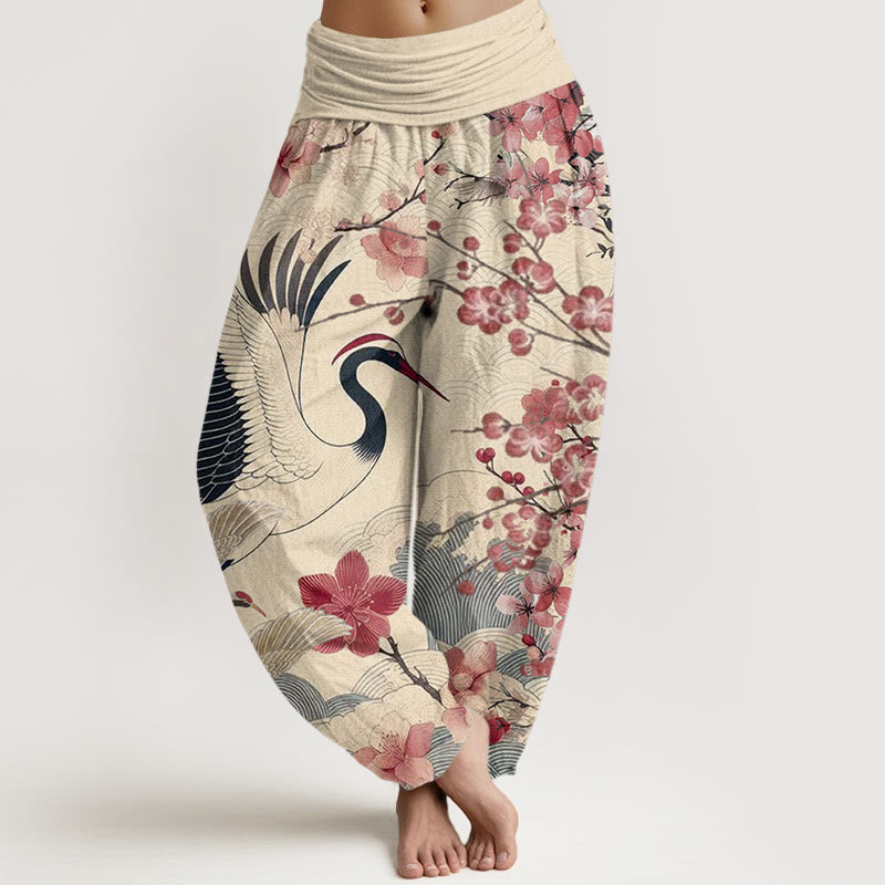 Pantaloni harem da donna con elastico in vita, modello casual con motivo a gru e fiori di ciliegio Buddha Stones - PapayaWhip - US22, UK/AU26, EU54 (6XL) - image 8