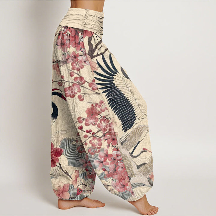 Pantaloni harem da donna con elastico in vita, modello casual con motivo a gru e fiori di ciliegio Buddha Stones - image 9