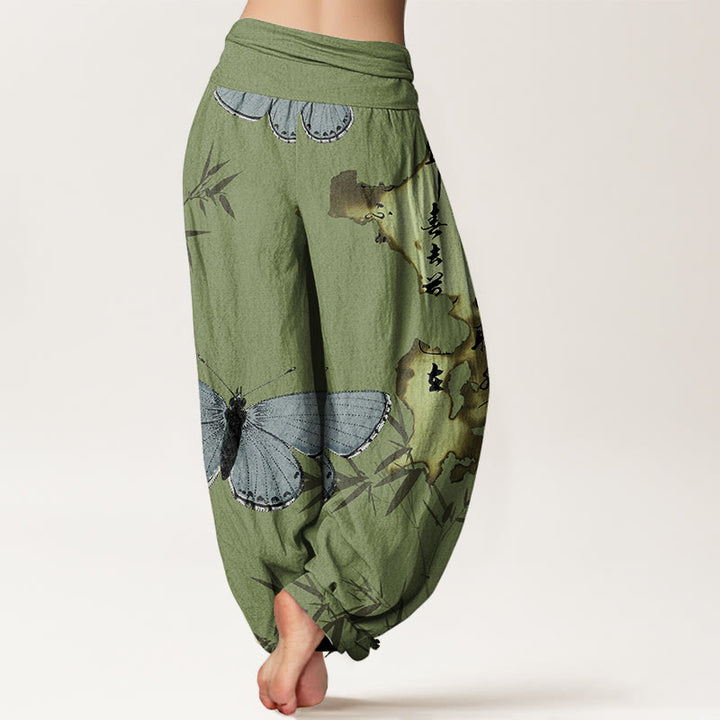 Pantaloni harem da donna con elastico in vita, motivo a farfalla, foglia di bambù, motivo calligrafico, motivo Buddha Stones - image 3
