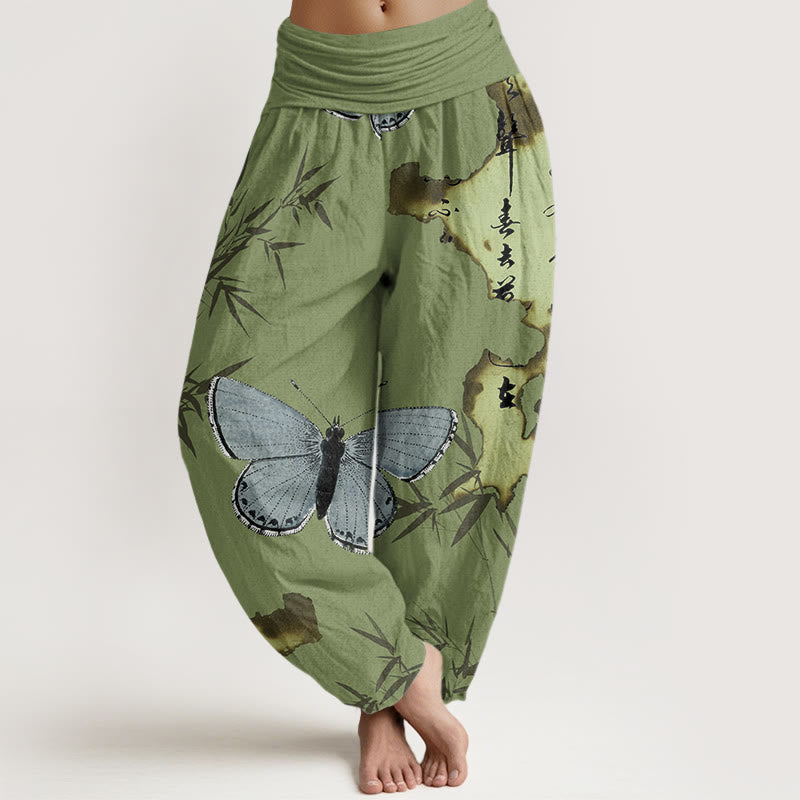 Pantaloni harem da donna con elastico in vita, in cotone, casual, con motivo a farfalla e foglie di bambù, motivo calligrafico, motivo Buddha Stones - Verde oliva - US22, UK/AU26, EU54 (6XL) - image 0