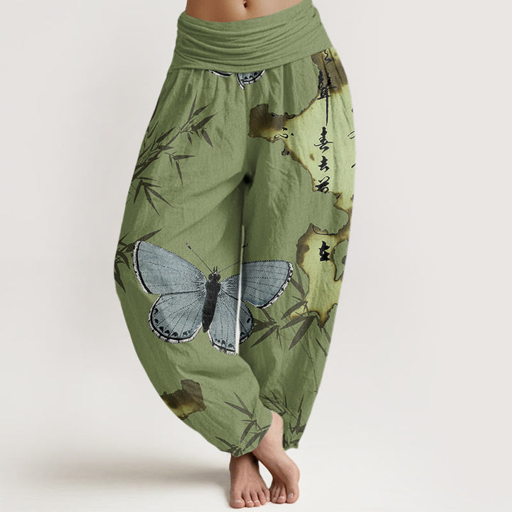 Pantaloni harem da donna con elastico in vita, in cotone, casual, con motivo a farfalla e foglie di bambù, motivo calligrafico, motivo Buddha Stones - Verde oliva - US22, UK/AU26, EU54 (6XL) - image 0