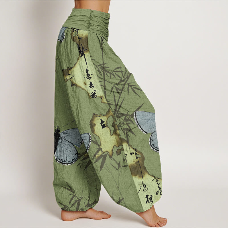 Pantaloni harem da donna con elastico in vita, motivo a farfalla, foglia di bambù, motivo calligrafico, motivo Buddha Stones - image 1