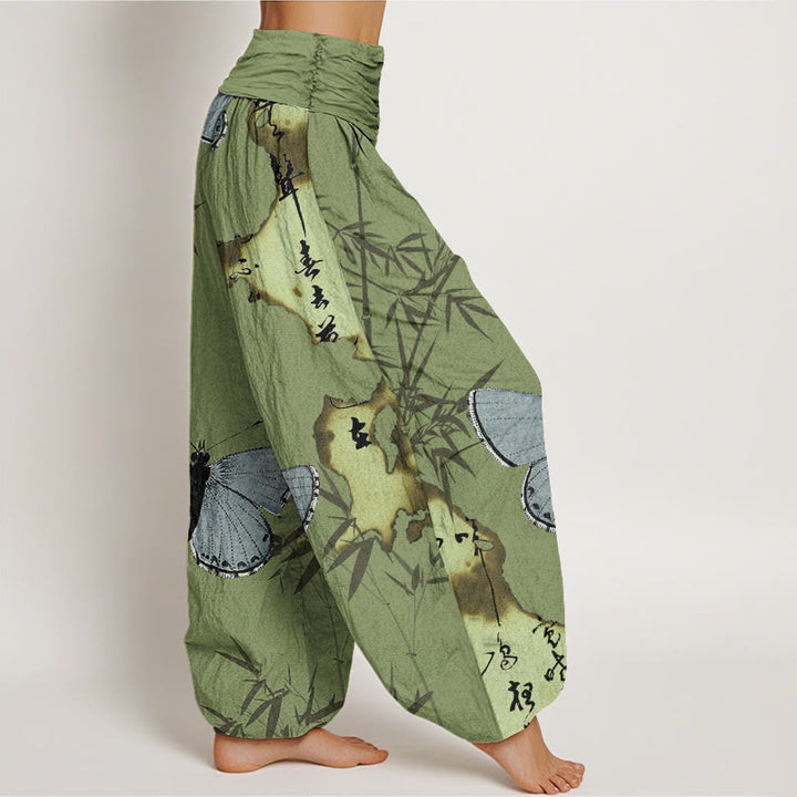 Pantaloni harem da donna con elastico in vita, motivo a farfalla, foglia di bambù, motivo calligrafico, motivo Buddha Stones - image 2
