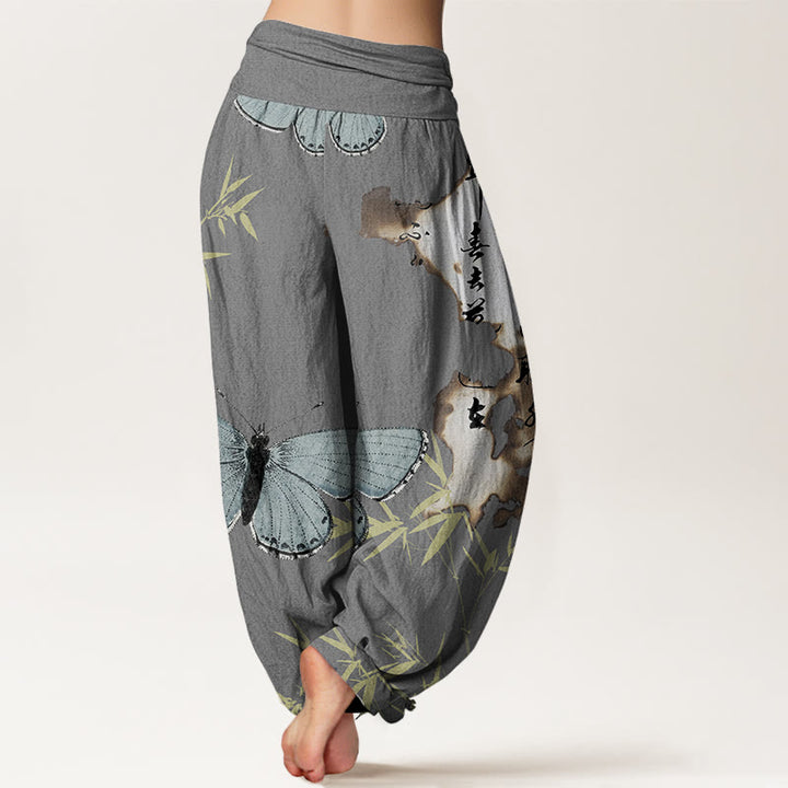 Pantaloni harem da donna con elastico in vita, motivo a farfalla, foglia di bambù, motivo calligrafico, motivo Buddha Stones - image 7