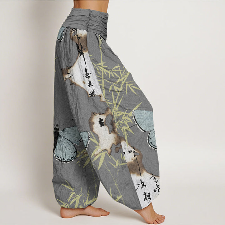 Pantaloni harem da donna con elastico in vita, motivo a farfalla, foglia di bambù, motivo calligrafico, motivo Buddha Stones - image 6