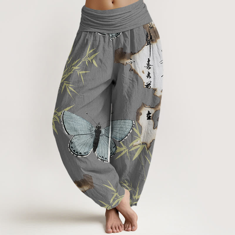 Pantaloni harem da donna con elastico in vita, motivo a farfalla, foglia di bambù, motivo calligrafico, motivo Buddha Stones - Grigio scuro - US22, UK/AU26, EU54 (6XL) - image 4