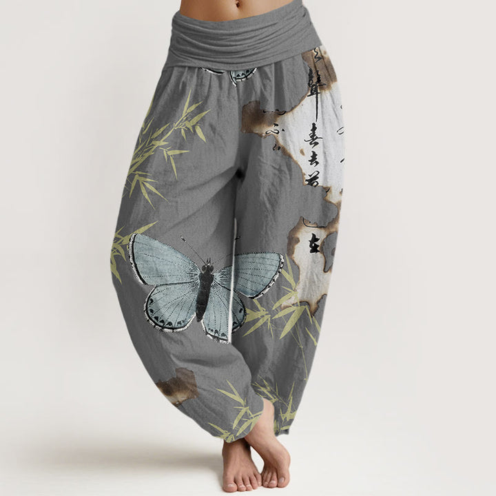 Pantaloni harem da donna con elastico in vita, motivo a farfalla, foglia di bambù, motivo calligrafico, motivo Buddha Stones - Grigio scuro - US22, UK/AU26, EU54 (6XL) - image 4