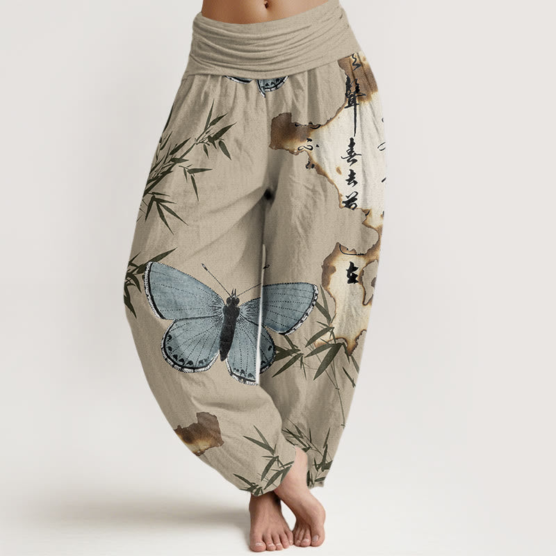Pantaloni harem da donna con elastico in vita, motivo a farfalla, foglia di bambù, motivo calligrafico, motivo Buddha Stones - Abbronzatura - US22, UK/AU26, EU54 (6XL) - image 8