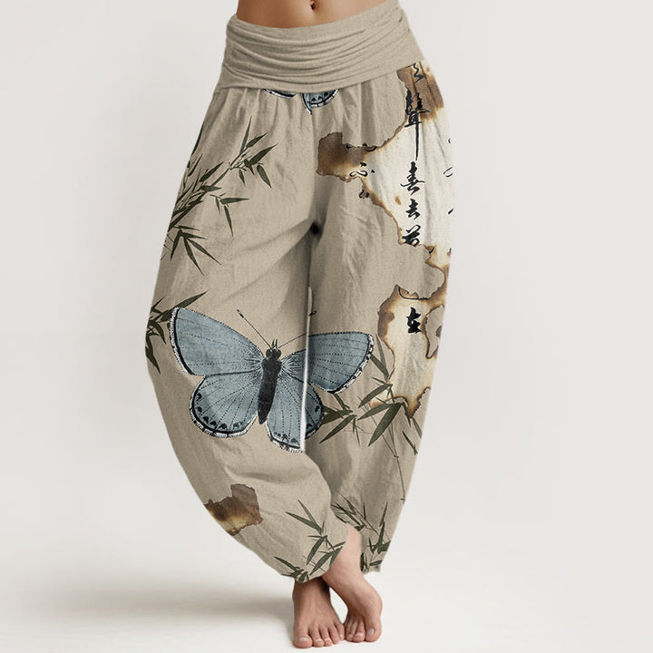 Pantaloni harem da donna con elastico in vita, motivo a farfalla, foglia di bambù, motivo calligrafico, motivo Buddha Stones - Abbronzatura - US22, UK/AU26, EU54 (6XL) - image 8