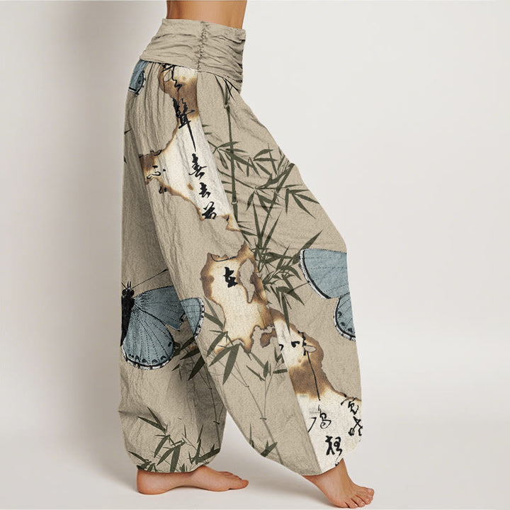 Pantaloni harem da donna con elastico in vita, in cotone, casual, con motivo a farfalla e foglie di bambù, motivo calligrafico, motivo Buddha Stones - image 8