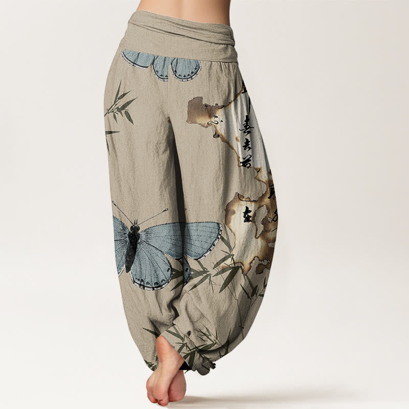 Pantaloni harem da donna con elastico in vita, in cotone, casual, con motivo a farfalla e foglie di bambù, motivo calligrafico, motivo Buddha Stones - image 9