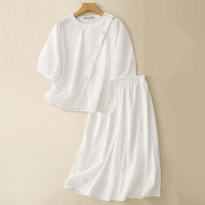 Set da donna in cotone con 2 pezzi di camicia e gonna a mezza manica con bottoni irregolari Buddha Stones - Bianco - US8-10, UK/AU12-14, EU40-42 (2XL) - image 15