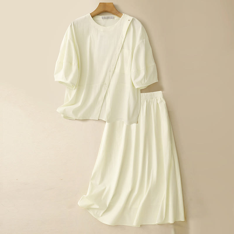 Set da donna in cotone con 2 pezzi di camicia e gonna a mezza manica con bottoni irregolari Buddha Stones - Giallo chiaro - US8-10, UK/AU12-14, EU40-42 (2XL) - image 22