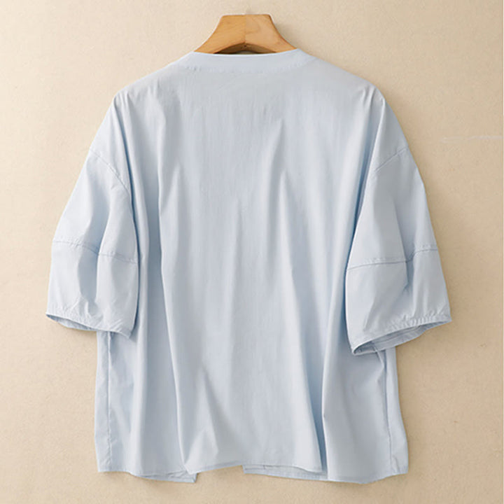 Set da donna in cotone con 2 pezzi di camicia e gonna a mezza manica con bottoni irregolari Buddha Stones - image 4