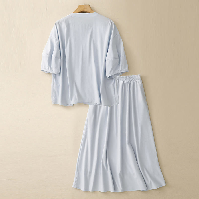 Set da donna in cotone con 2 pezzi di camicia e gonna a mezza manica con bottoni irregolari Buddha Stones - image 2