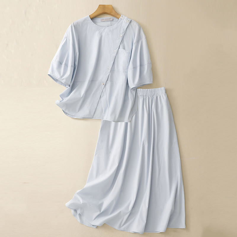 Set da donna in cotone con 2 pezzi di camicia e gonna a mezza manica con bottoni irregolari Buddha Stones - Azzurro chiaro - US8-10, UK/AU12-14, EU40-42 (2XL) - image 1