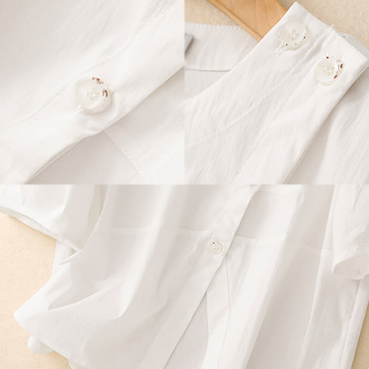 Set da donna in cotone con 2 pezzi di camicia e gonna a mezza manica con bottoni irregolari Buddha Stones - image 20