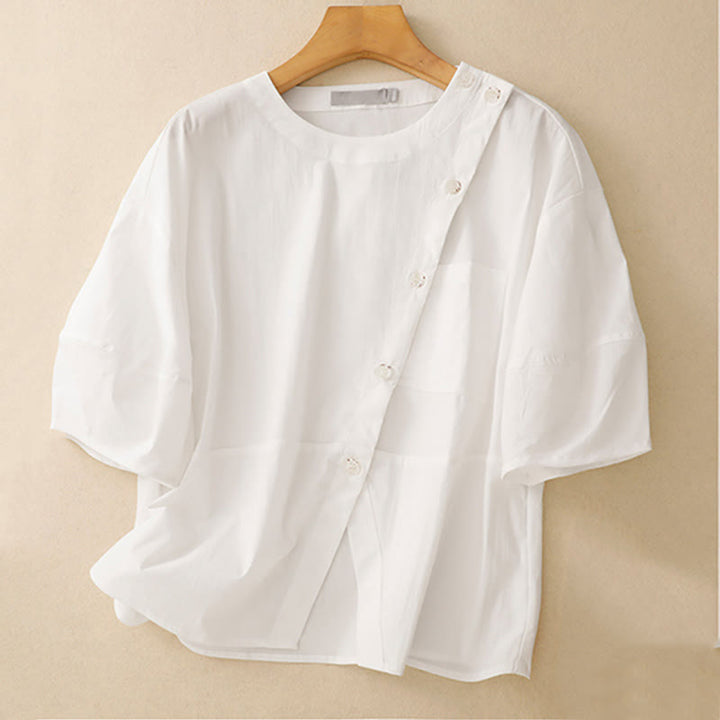 Set da donna in cotone con 2 pezzi di camicia e gonna a mezza manica con bottoni irregolari Buddha Stones - image 16