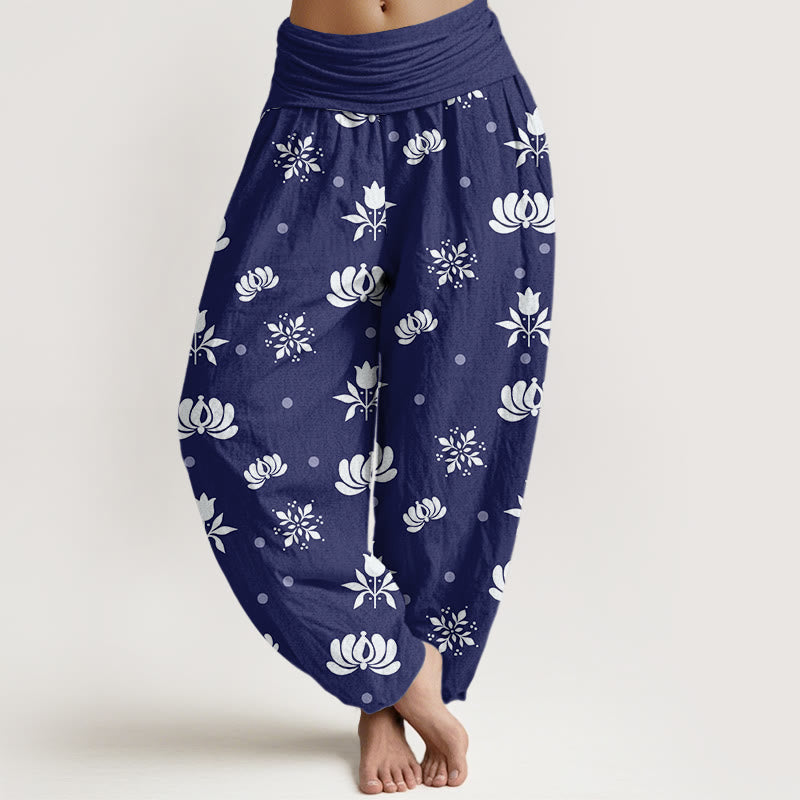 Pantaloni harem da donna con elastico in vita e motivo a piccoli pois, stile casual, motivo Buddha Stones Lotus - Blu scuro - US22, UK/AU26, EU54 (6XL) - image 1