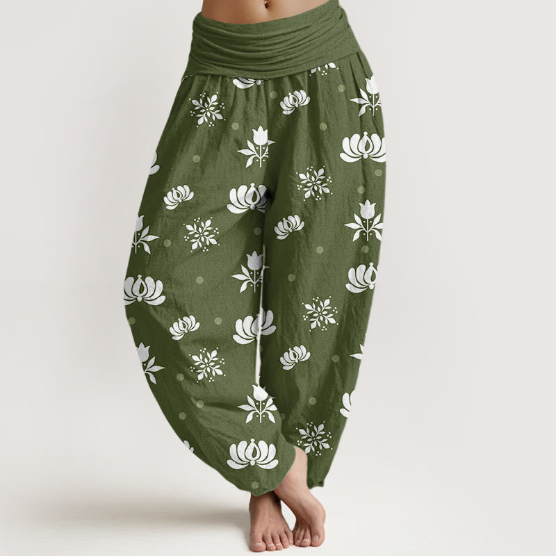Pantaloni harem da donna con elastico in vita e motivo a piccoli pois, stile casual, motivo Buddha Stones Lotus - Verde oliva - US22, UK/AU26, EU54 (6XL) - image 5