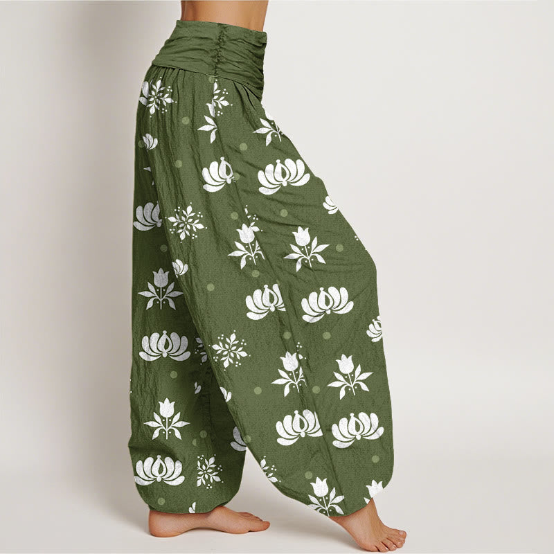 Pantaloni harem da donna con elastico in vita e motivo a piccoli pois, stile casual, motivo Buddha Stones Lotus - image 6