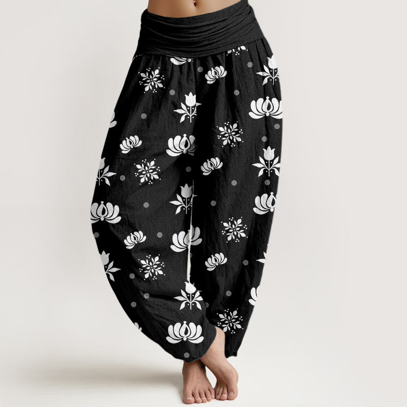 Pantaloni harem da donna con elastico in vita e motivo a piccoli pois, stile casual, motivo Buddha Stones Lotus - Nero - US22, UK/AU26, EU54 (6XL) - image 8