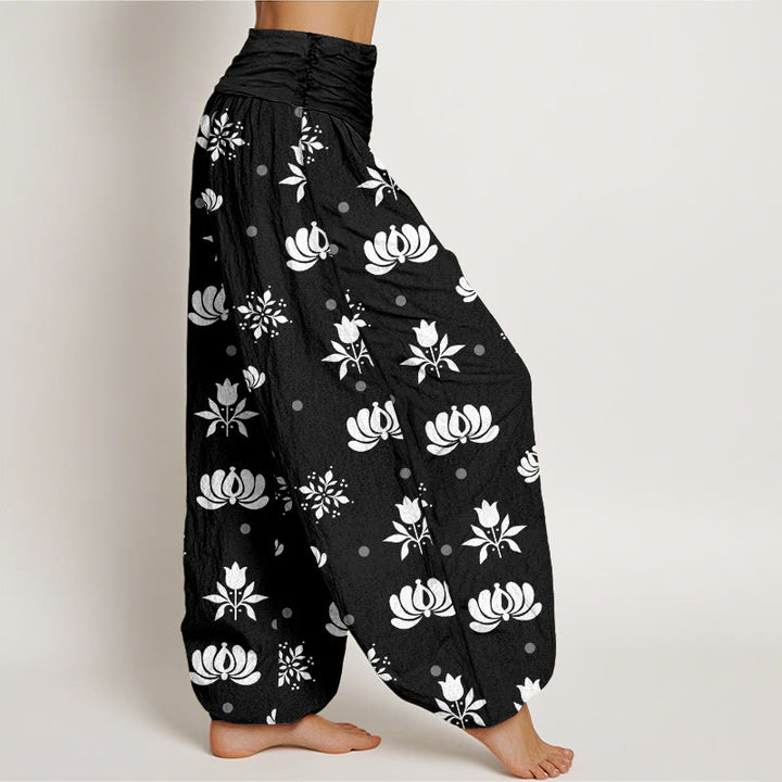 Pantaloni harem da donna con elastico in vita e motivo a piccoli pois, stile casual, motivo Buddha Stones Lotus - image 9