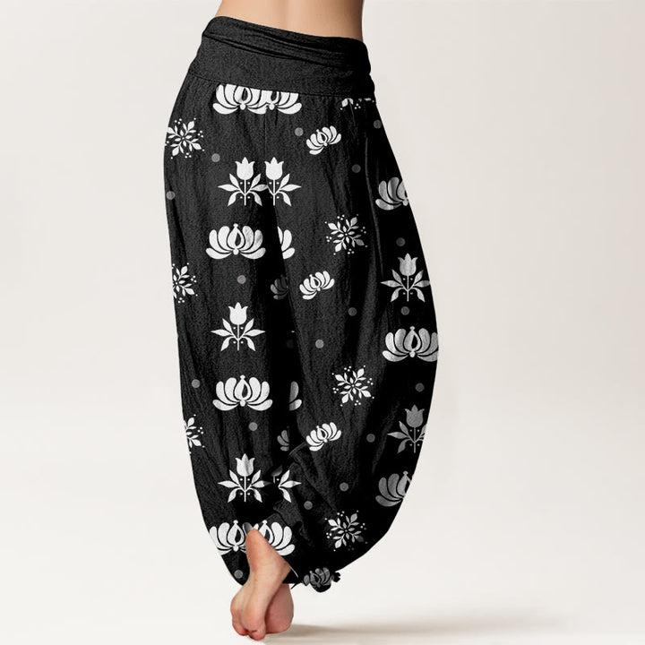 Pantaloni harem da donna con elastico in vita e motivo a piccoli pois, stile casual, motivo Buddha Stones Lotus - image 10