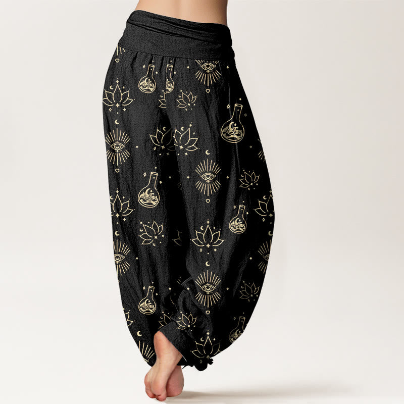 Pantaloni harem da donna con elastico in vita e motivo Buddha Stones, casual, con occhio di loto e Horus - image 3
