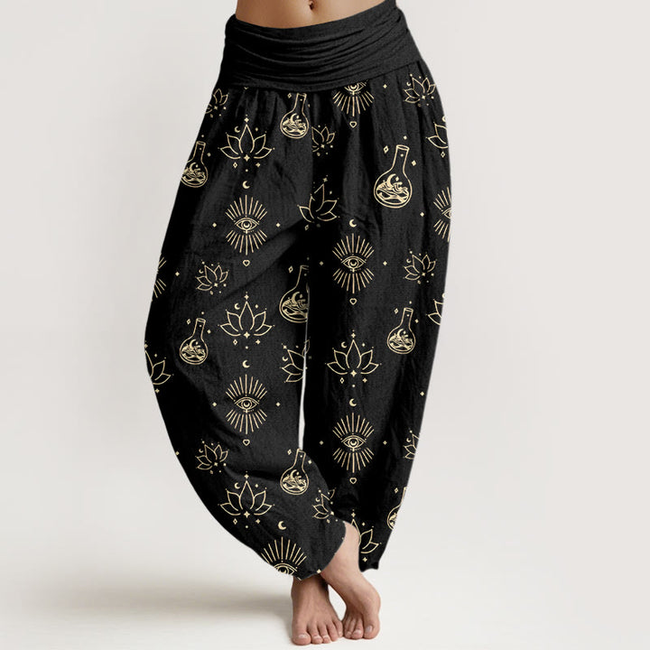 Pantaloni harem da donna con elastico in vita, in cotone, casual, motivo occhio di loto di Horus, motivo Buddha Stones - Nero - US22, UK/AU26, EU54 (6XL) - image 0
