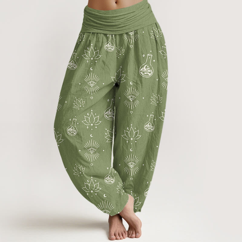 Pantaloni harem da donna con elastico in vita e motivo Buddha Stones, casual, con occhio di loto e Horus - Verde oliva - US22, UK/AU26, EU54 (6XL) - image 8