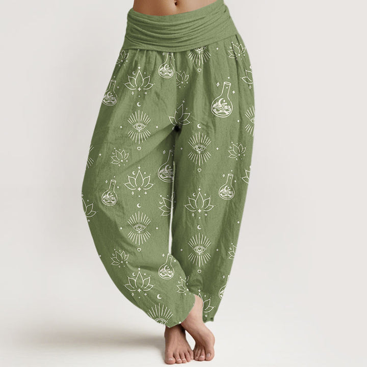 Pantaloni harem da donna con elastico in vita e motivo Buddha Stones, casual, con occhio di loto e Horus - Verde oliva - US22, UK/AU26, EU54 (6XL) - image 8