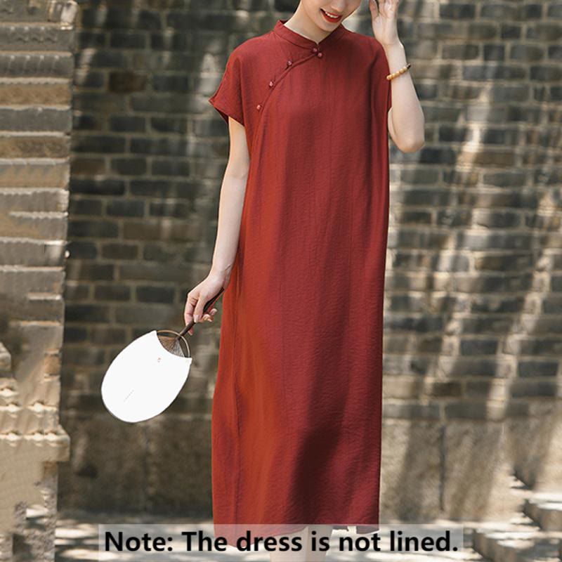 Abito midi in cotone e lino con maniche corte, motivo cheongsam semplice con lacci Buddha Stones - image 2