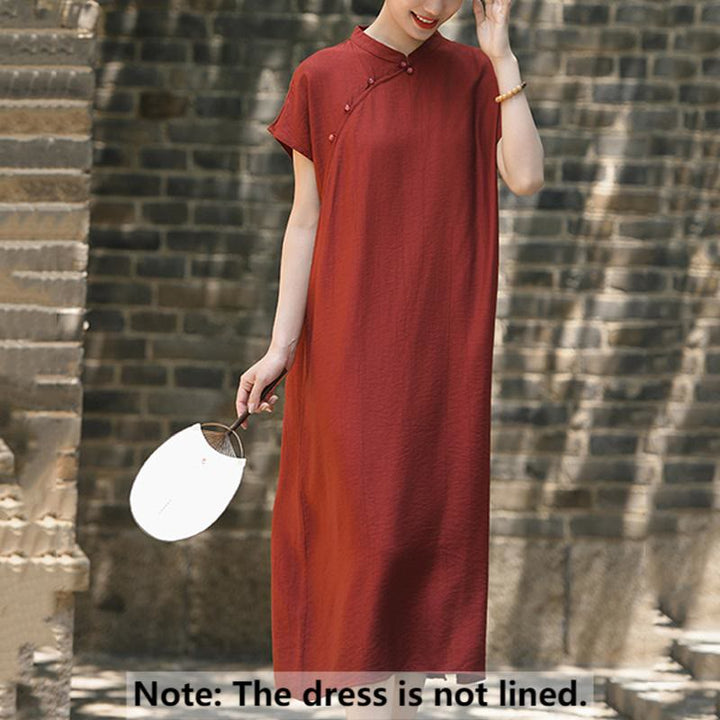 Abito midi in cotone e lino con maniche corte, motivo cheongsam semplice con lacci Buddha Stones - image 2