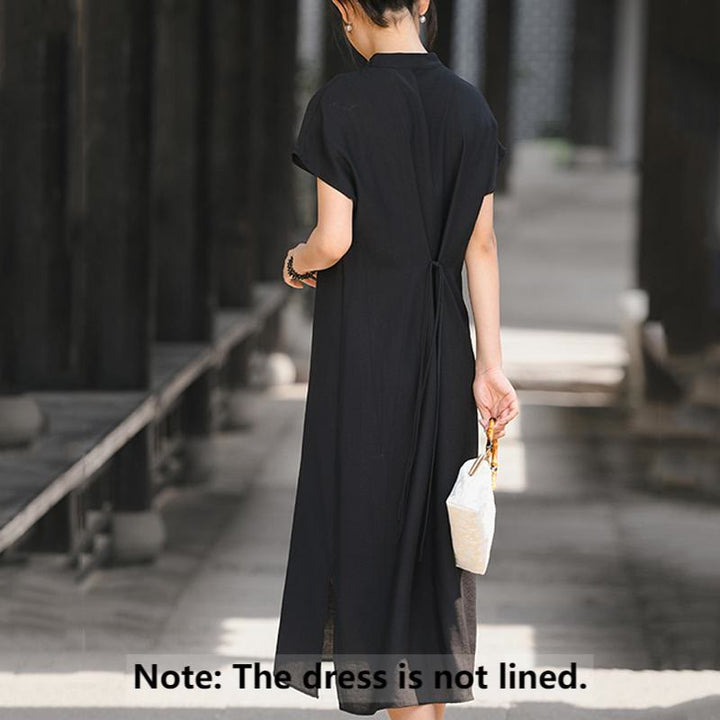 Abito midi in cotone e lino con maniche corte, motivo cheongsam semplice con lacci Buddha Stones - image 15