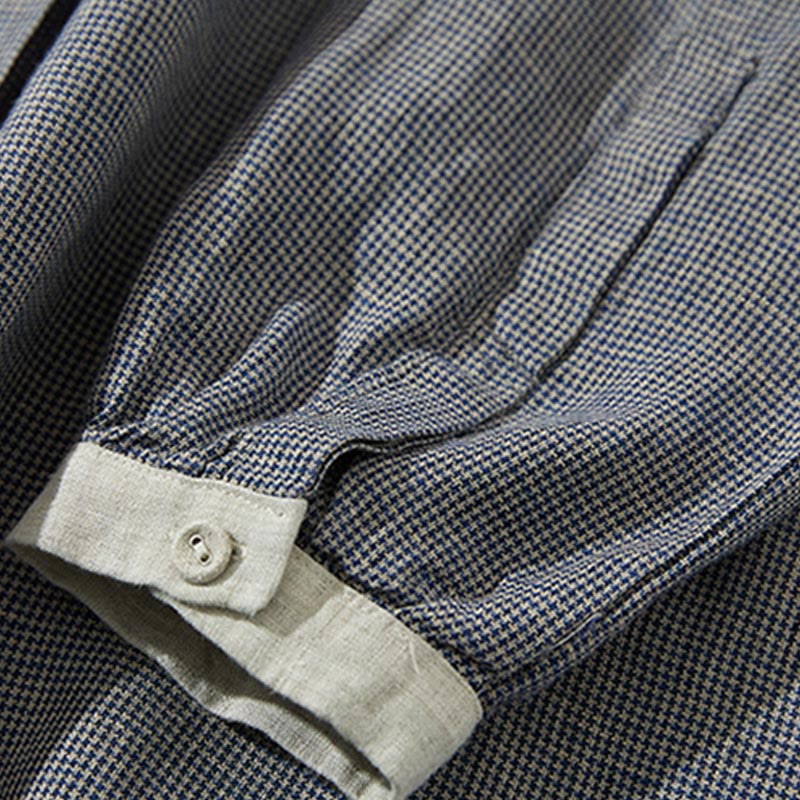 Abito midi in cotone e lino a maniche lunghe con tasche, motivo lanterna scozzese grigio scuro Buddha Stones Commute - image 5