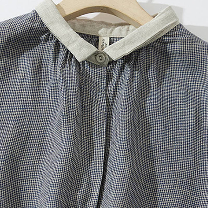 Abito midi in cotone e lino a maniche lunghe con tasche, motivo lanterna scozzese grigio scuro Buddha Stones Commute - image 2