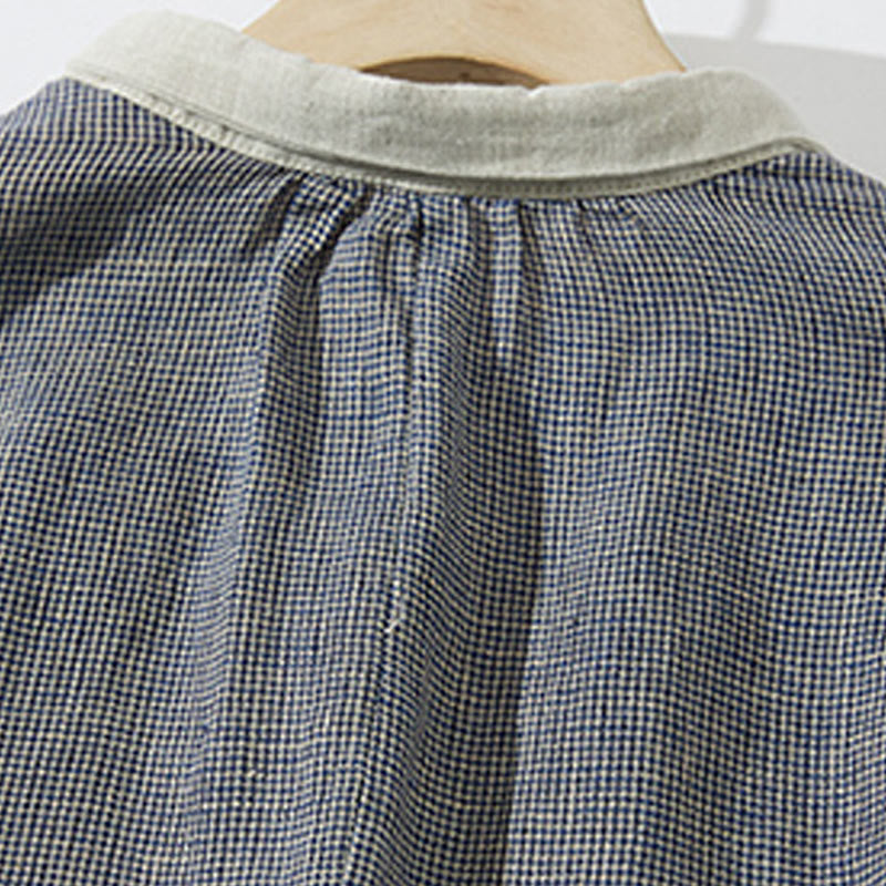 Abito midi in cotone e lino a maniche lunghe con tasche, motivo lanterna scozzese grigio scuro Buddha Stones Commute - image 3