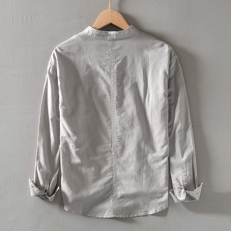 Camicia a Buddha Stones lunghe con bottoni a tinta unita in cotone e lino, abbigliamento maschile - image 5