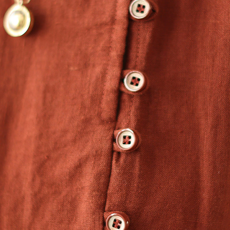 Abito midi in cotone a maniche lunghe con tasche e design allacciato arancione e rosso Buddha Stones - image 11