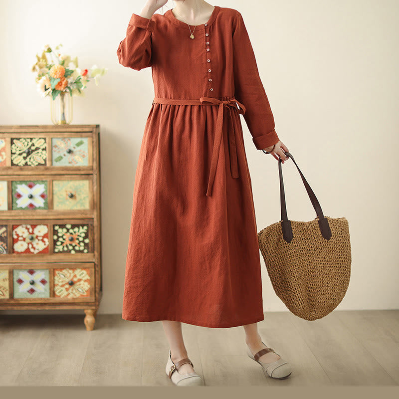 Abito midi in cotone a maniche lunghe con tasche e design allacciato arancione e rosso Buddha Stones - image 6