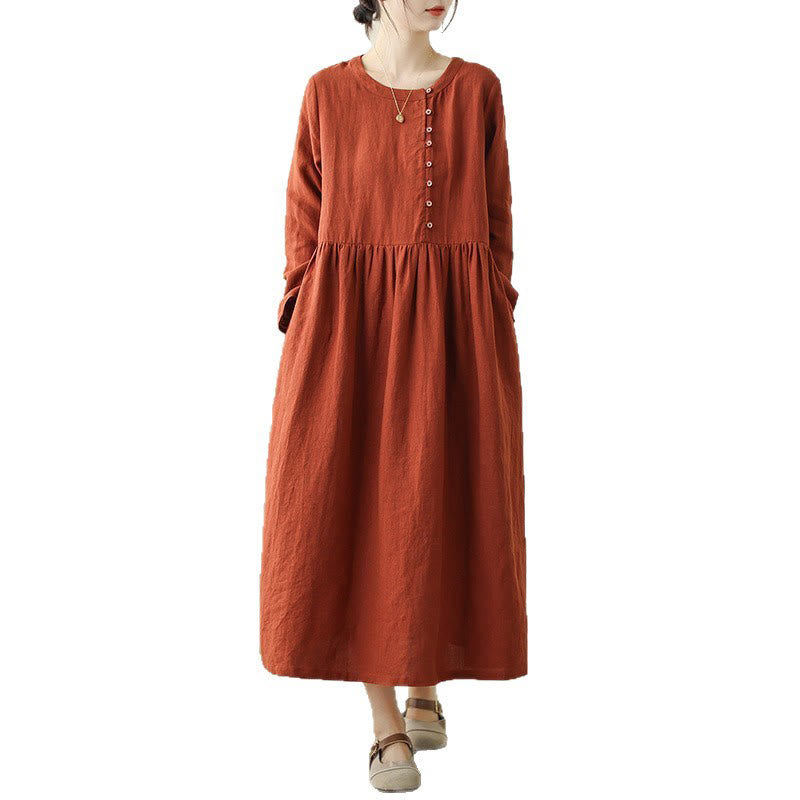 Abito midi in cotone a maniche lunghe con tasche e design allacciato arancione e rosso Buddha Stones - image 7
