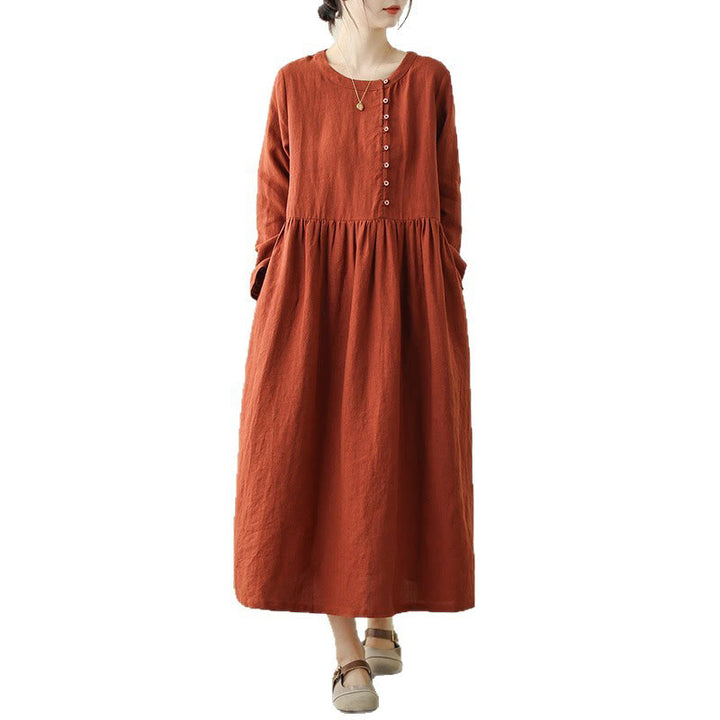 Abito midi in cotone a maniche lunghe con tasche e design allacciato arancione e rosso Buddha Stones - image 7