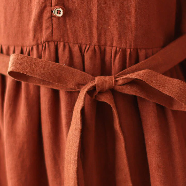 Abito midi in cotone a maniche lunghe con tasche e design allacciato arancione e rosso Buddha Stones - image 10