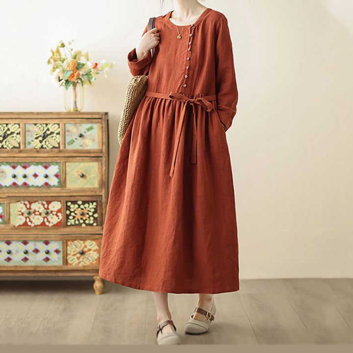 Abito midi in cotone a maniche lunghe con tasche e design allacciato arancione e rosso Buddha Stones - image 3