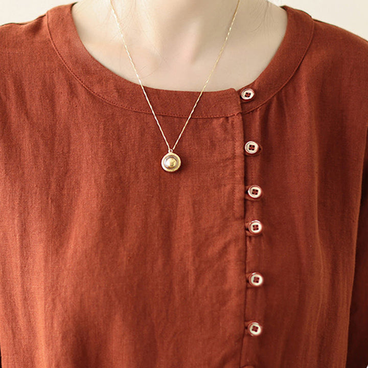 Abito midi in cotone a maniche lunghe con tasche e design allacciato arancione e rosso Buddha Stones - image 8