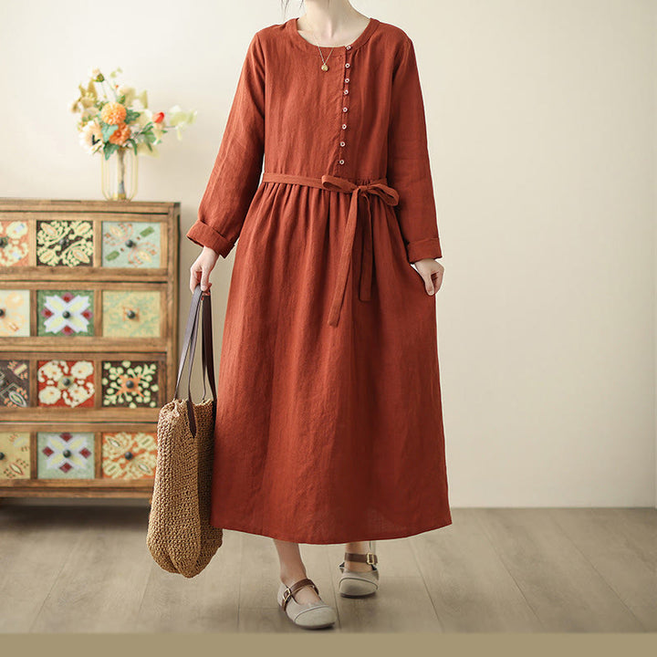 Abito midi in cotone a maniche lunghe con tasche e design allacciato arancione e rosso Buddha Stones - image 5