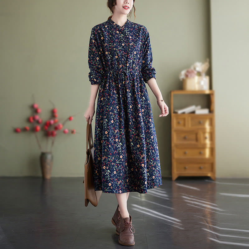 Abito midi in cotone e lino con maniche lunghe, coulisse e stampa etnica con Buddha Stones e tasche - Blu notte - US8-10, UK/AU12-14, EU40-42 (2XL) - image 1
